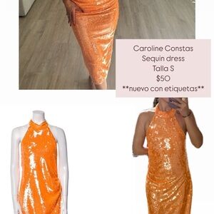 Caroline Constas Orange Sequin Ruched Halter Dress